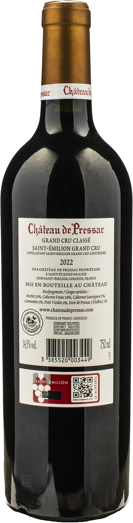 Chateau de Pressac Saint Emilion Grand Cru Classe 2022 - Image 2