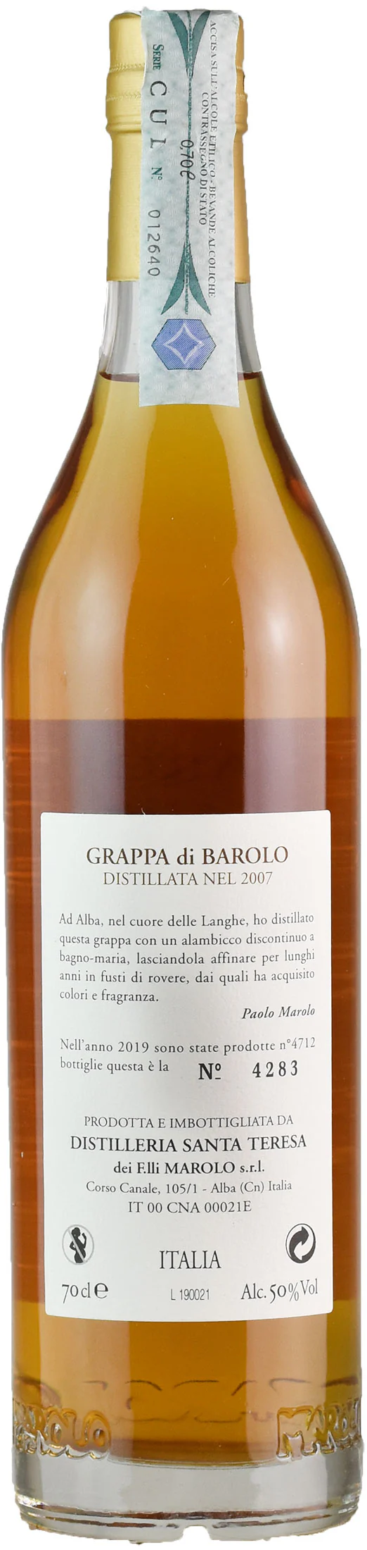 Distilleria Marolo Grappa di Barolo 12 Y.O. 0.7L - Image 2