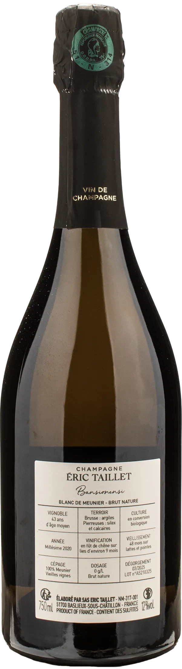 Eric Taillet Champagne Bansionensi Brut Nature Blanc de Meunier 2020 - Image 2
