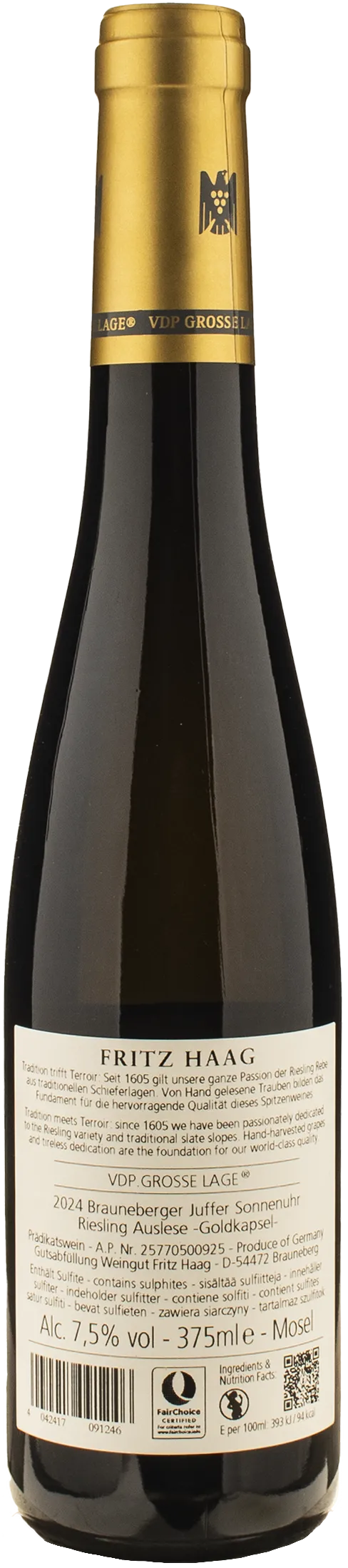 Fritz Haag Brauneberger Juffer Sonnenuhr Riesling Auslese Goldkapsel 0.375L 2024 - Image 2