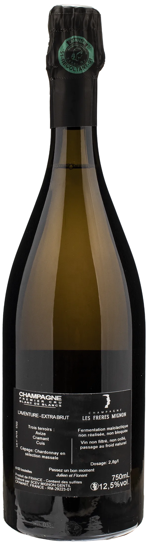 Les Freres Mignon Champagne 1er Cru Blanc de Blancs Extra Brut L'Aventure - Image 2